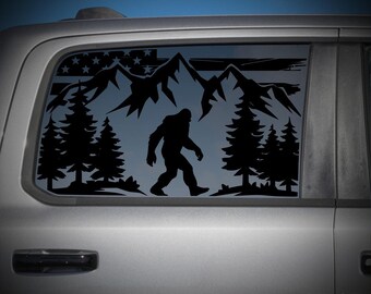 Bigfoot American Flag Decal RAM 1500 Rear Window Sasquatch Mountain Forest Truck Sticker