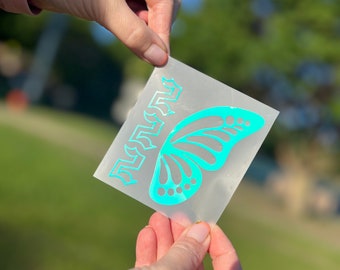 Calcomanía holográfica de vinilo con alas de mariposa y número angelical: fuente inglesa antigua