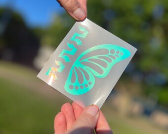 Calcomanía holográfica de vinilo con alas de mariposa y números de ángel - Fuente en inglés antiguo