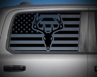 Deer Skull American Flag Decal RAM 1500 Rear Window Hunting Buck Antler Patriotic Sticker