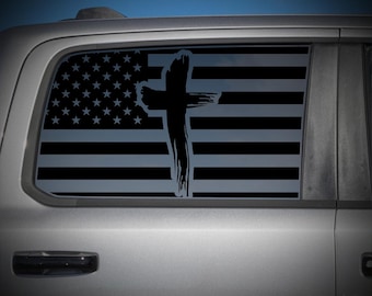 American Flag Cross Decal Patriotic Christian Vinyl Sticker Ram 1500 Rear Window Faith USA