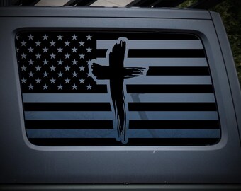 USA Flag Cross Jeep Wrangler JLU 4-Door Rear Quarter Window Decal | Patriot Faith Blackout Vinyl