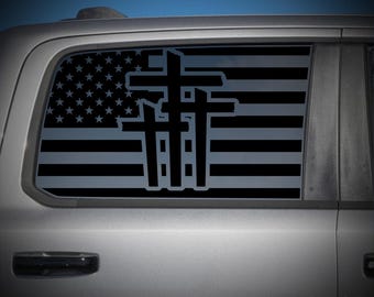 Three Crosses American Flag Decal Fits Ram 1500 2019-2026 Crew Cab Rear Window Faith Patriotic