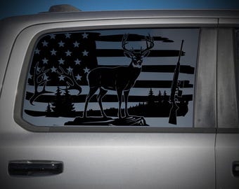 Deer Hunting American Flag Decal Ram 1500 Rear Window Whitetail Buck Patriotic Sticker