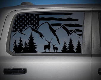 Mountain Deer American Flag Ram 1500 Rear Window Decal – Patriotic Buck Wilderness Sticker