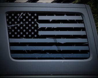 Distressed USA Flag Jeep Wrangler JLU 4-Door Rear Quarter Window Decal – Tattered Patriot Blackout Vinyl