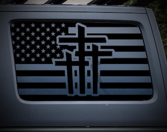 Three Crosses American Flag Jeep Wrangler JLU 4-Door Rear Quarter Window Decal | Faith Patriot Vinyl