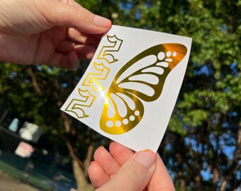 Calcomanía de vinilo con alas de mariposa y números de ángel dorados: fuente inglesa antigua