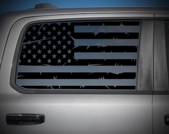 Distressed American Flag Tattered Decal Ram 1500 DT Crew Cab Rear Window Vinyl Sticker