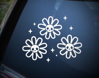 Skull Flowers Car Decal, Goth Floral Vinyl Sticker, Creepy Window Bumper Decor