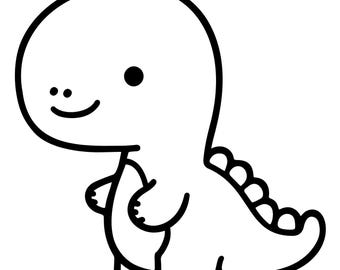 Op de afbeelding: Een zwart-witte lijntekening van een cartoon-dinosaurus met een glimlachend gezicht. De dinosaurus heeft een klein lichaam en een lange staart met stekels.