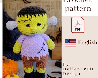 Padrão de Frankenstein em crochê em PDF – Monstro de pelúcia de Halloween em amigurumi, tutorial de crochê para boneco Frankenstein, PDF de crochê de zumbi assustador