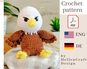 Bald Eagle Crochet Pattern, Plush Yarn Amigurumi PDF, Patriotic Eagle Stuffed Animal DIY, Crochet Bird Toy Pattern