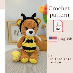 Bumble Bear Crochet Pattern - Plush Bear in Bee Costume with Honey Barrel - Amigurumi Bee Teddy - Cute plush toy