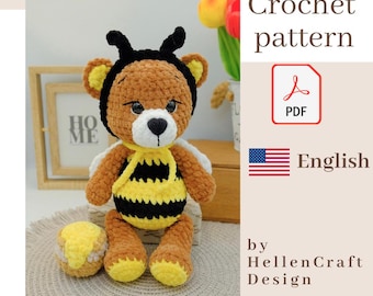 Bumble Bear Crochet Pattern - Plush Bear in Bee Costume with Honey Barrel - Amigurumi Bee Teddy - Cute plush toy