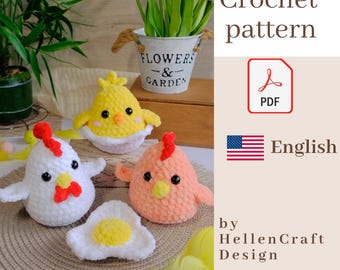 4 in 1: Easter Chicken Family Crochet Pattern - Plush Hen Rooster Chick Egg - Amigurumi Farm Animals - Spring Decor Toy