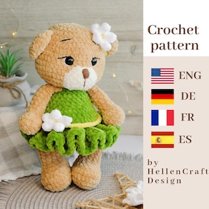 Pluche beer in jurk met bloemen haakpatroon - amigurumipatroon - Engelse pdf - Duitse pdf - Spaanse pdf