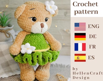 Plush Bear in dress with flowers crochet pattern - Amigurumi pattern - English pdf - German pdf - Spanish pdf