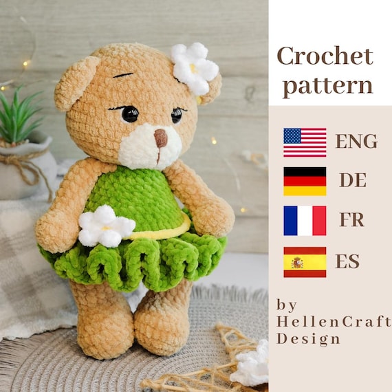 Plush Bear in dress with flowers crochet pattern - Amigurumi pattern - English pdf - German pdf - Spanish pdf
