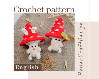Può includere: Schema all'uncinetto per due giocattoli amigurumi a forma di fungo. I funghi sono rossi e bianchi con un corpo bianco peloso e un viso sorridente. Lo schema è in inglese.