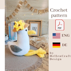 Wzór na szydełkową mewę w formacie PDF – pluszowa zabawka z włóczki Amigurumi w kształcie ptaka – łatwa do wykonania nadmorska pluszowa zabawka – uroczy, letni samouczek szydełkowania