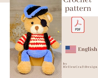 Pirate Bear crochet pattern, Amigurumi pattern - English pdf