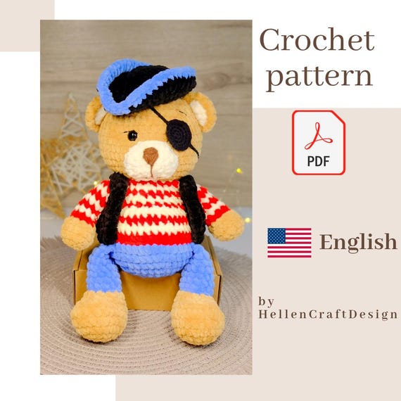Pirate Bear crochet pattern, Amigurumi pattern - English pdf