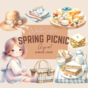 Spring Picnic Watercolor Clipart: Baskets, Summer Nursery (Digital Download)