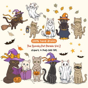 Halloween Cat Clipart PNG: Vintage Spooky Pet Costumes (Digital Download)