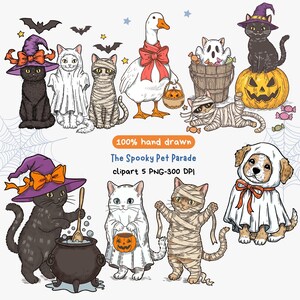 Spooky Cute Halloween Pets Clipart,Kawaii Ghost Animals PNG,Cute Pets in Costume, Witch Cat Ghost, Vintage Spooky Animal,Hand drawn