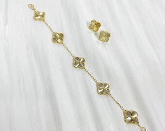 18K Gold/Silber vergoldetes vierblättriges Kleeblatt Hochwertiges Schmuckset Armband Halskette Ohrringe Set Alhambra Perlmutt VCA Van Cleef