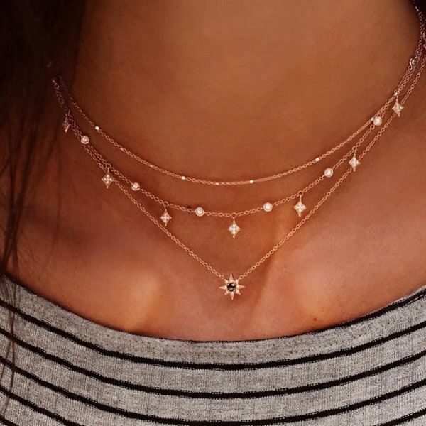 Gold Starburst Layered Necklace, Choker Necklace, Multilayered Necklace, Star Necklace, Gold Necklace, Pendant Necklace, Boho