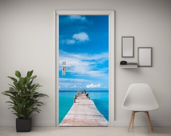 Vakantiedeurstickers, decoratie voor hotelkamers, zee-oceaanzicht, kameringang grafische wrap, entry passage makeover optie, deurverpakking