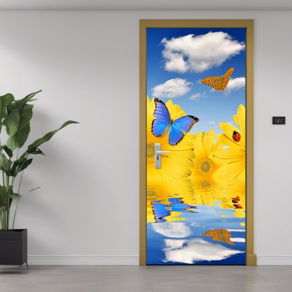 Butterflies Tag, Yellow Blue Sky Cloud Door Label, Innovative Art Applications, Customized Vinyls, Graphic Films, Contemporary Wrapping