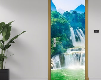 Landscape Waterfall River, Hotel Room Door Labeling, Contemporary Wrapping Technique, Artistic Covering, Expressive Mural, Room Decal Design