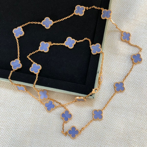 Authentic Van Cleef Alhambra necklace and 18K yellow gold lapis lazuli Vintage alhambra 20 motif necklace