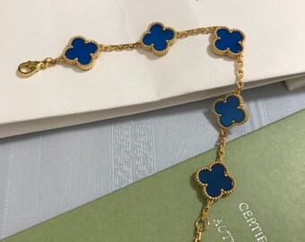 Authentieke Van Cleef 18K gouden lapis lazuli armband Vintage alhambra blauwe bedelarmband
