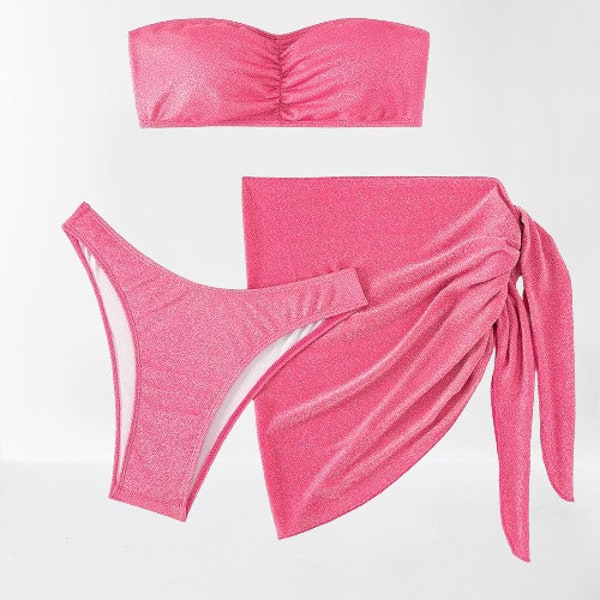 Sparkly Hot Pink Three Piece Strapless Bikini Set, beach coverup, resortwear, vacation, beachwear, bikini set, strapless bikini, bikini gift