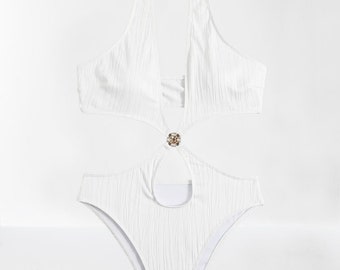 white cut out halter top one piece swimsuit, womens swimsuit, cut out bathing suit, womens swimwear, resortwear, beachwear, womens fashion