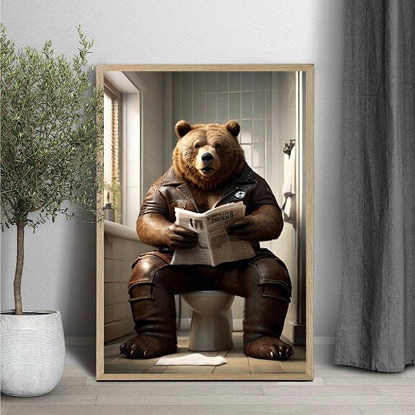 Bear Sitting on Toilet Reading Newspaper,Bear art , Bear photo, Kids Bathroom Art, Bathroom Art print, Digital Download