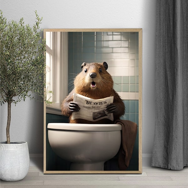 Beaver Sitting on Toilet Reading Newspaper, Beaver art , Beaver photo, Kids Bathroom Art, Bathroom Art print, Digital Download