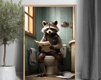 Raccoon Sitting on Toilet Reading Newspaper, Raccoon art, Raccoon photo, Kids Bathroom Art, Bathroom Art print, Digital Download