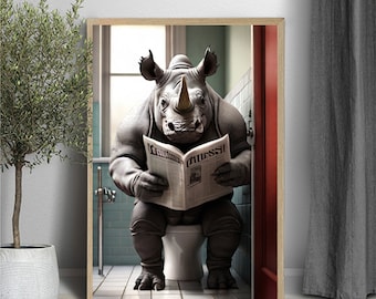 Rhinoceros Sitting on Toilet Reading Newspaper, Rhinoceros art, Rhinoceros photo, Kids Bathroom Art, Bathroom Art print, Digital Download