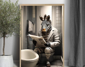 Zebra Sitting on Toilet Reading Newspaper, Zebra art, Zebra photo, Kids Bathroom Art, Bathroom Art print, Digital Download