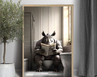 Rhinoceros Sitting on Toilet Reading Newspaper, Rhinoceros art, Rhinoceros photo, Kids Bathroom Art, Bathroom Art print, Digital Download