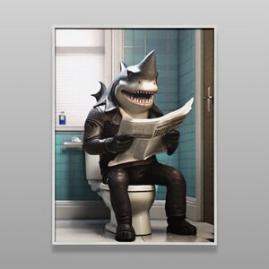 Shark Sitting on Toilet Reading Newspaper, Shark art, Shark photo, Kids Bathroom Art, Bathroom Art print, Digital Download image 4