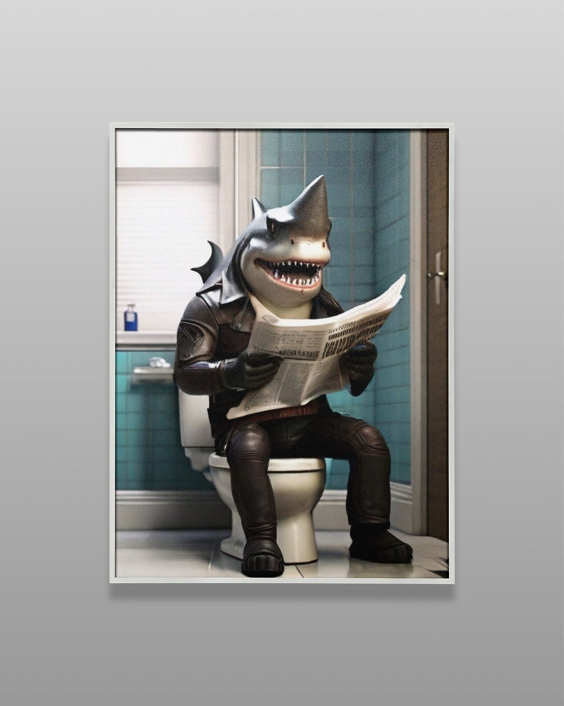 Shark Sitting on Toilet Reading Newspaper, Shark art, Shark photo, Kids Bathroom Art, Bathroom Art print, Digital Download image 4