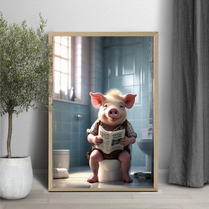 Pig Sitting on Toilet Reading Newspaper, Pig art, Pig photo, Kids Bathroom Art, Bathroom Art print, Digital Download