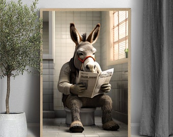 donkey Sitting on Toilet Reading Newspaper, donkey art , donkey photo, Kids Bathroom Art, Bathroom Art print, Digital Download