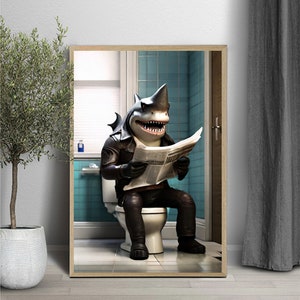 Shark Sitting on Toilet Reading Newspaper, Shark art, Shark photo, Kids Bathroom Art, Bathroom Art print, Digital Download image 1
